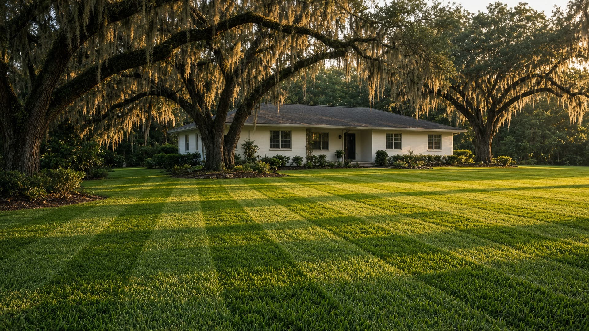 Freshly mowed North Florida front lawn with stripes under live oaks